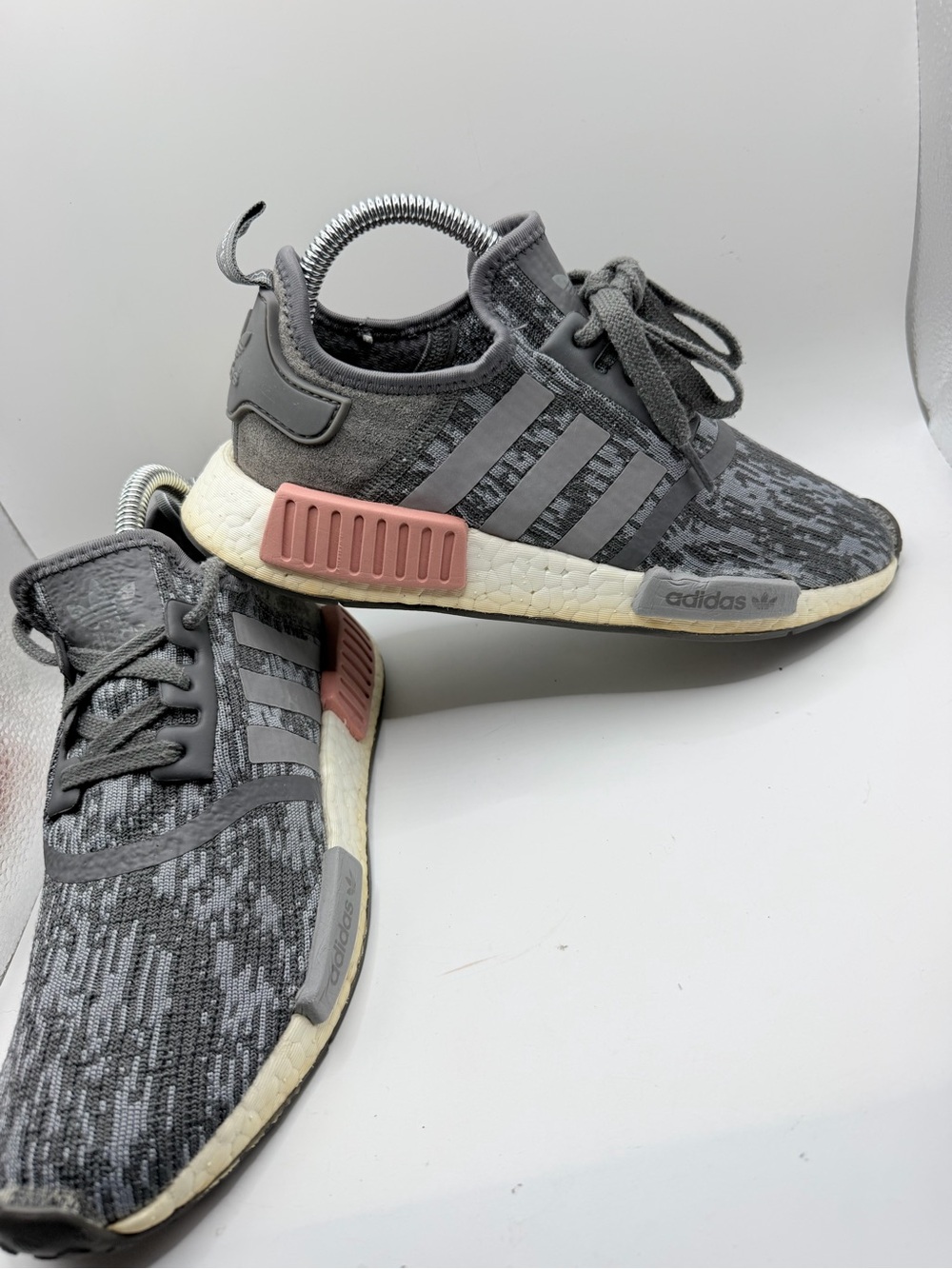 adidas Grey Knit Sneakers with Blush Pink Midsole Accents